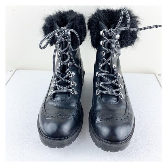 Charles David Ramses Combat Style Black Leather Fur Trim Lug Sole Warm Bootie - Picture 5 of 9